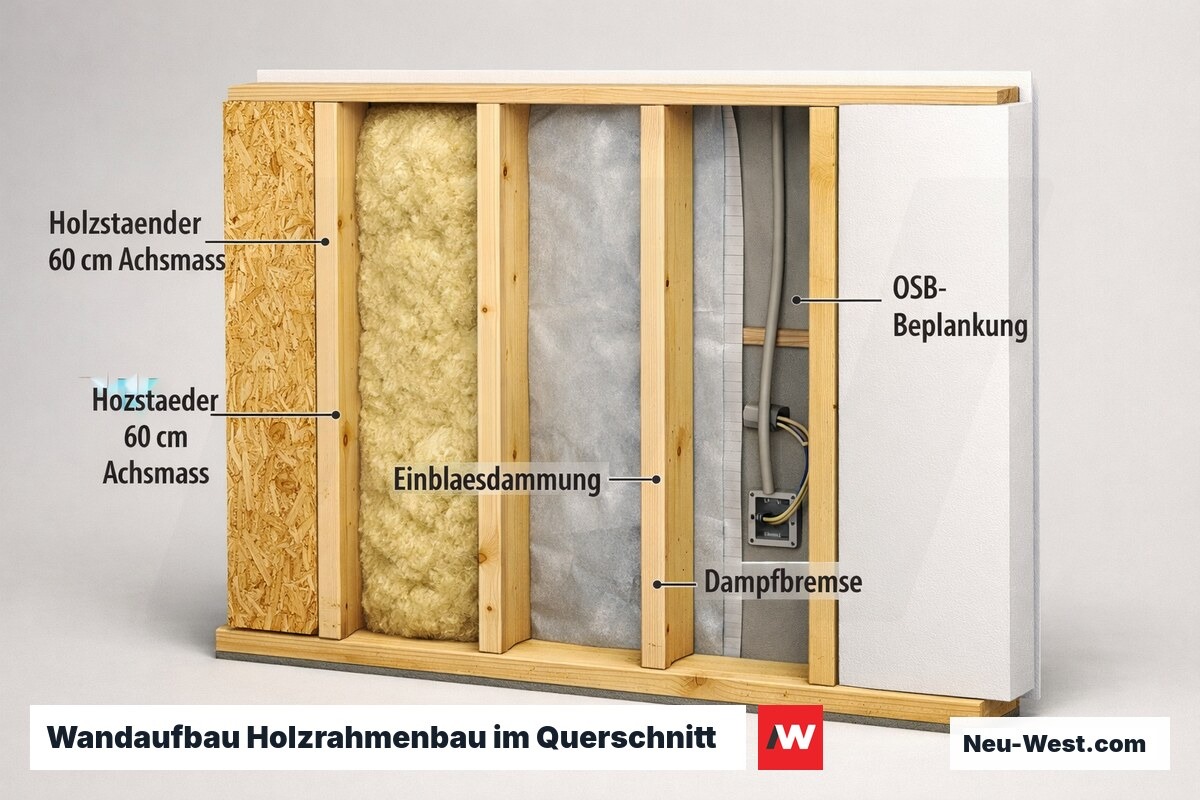 Querschnitt einer Holzrahmenbau-Außenwand mit Ständern, OSB, Dämmung und Dampfbremse, max. 150 Zeichen