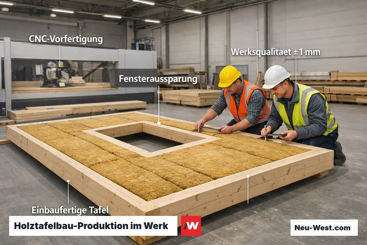 Werkhalle mit CNC-Maschine und fertig vorgefertigter Holztafelwand mit Fensterausschnitt und montierter Dämmung