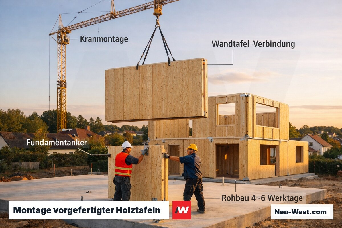 Baukran setzt vorgefertigte Holztafel auf Betonfundament, Einfamilienhaus-Rohbau im Holztafelbau entsteht in Tagen