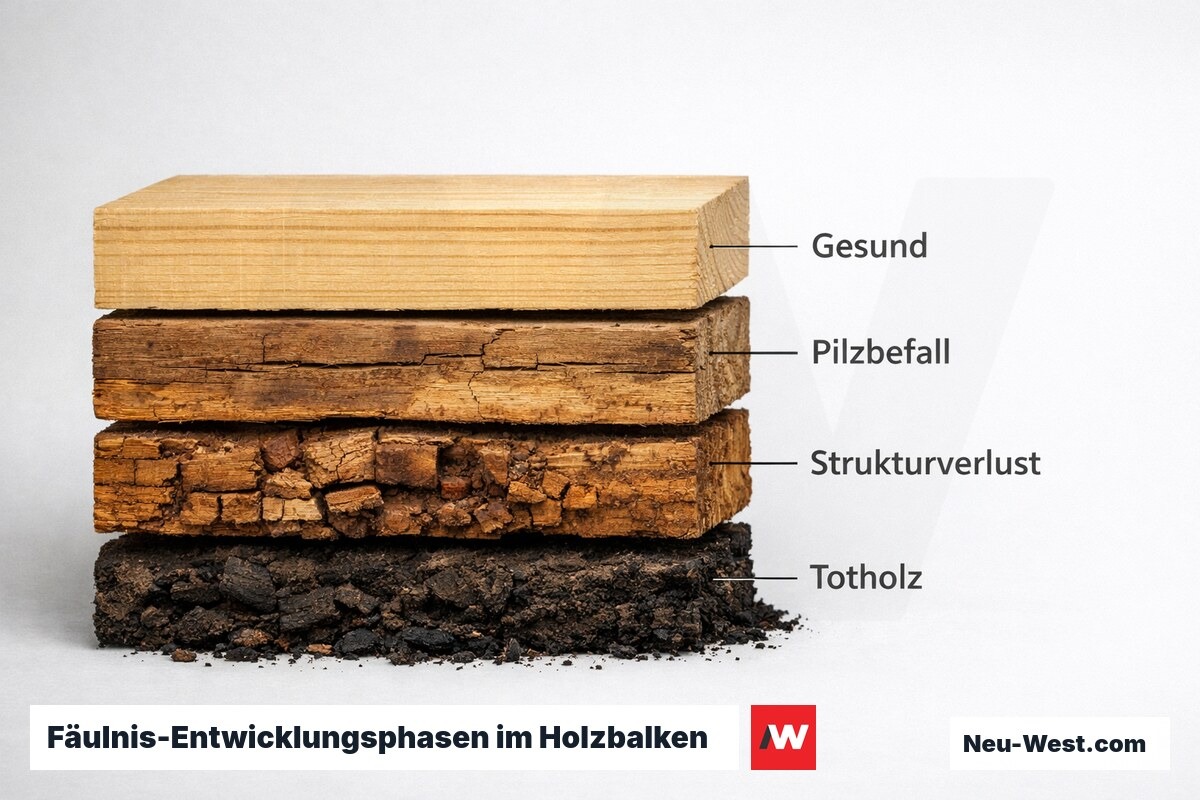 Fäulnis-Entwicklungsphasen im Holzbalken – Erklär-Grafik (NEUWEST Berlin)