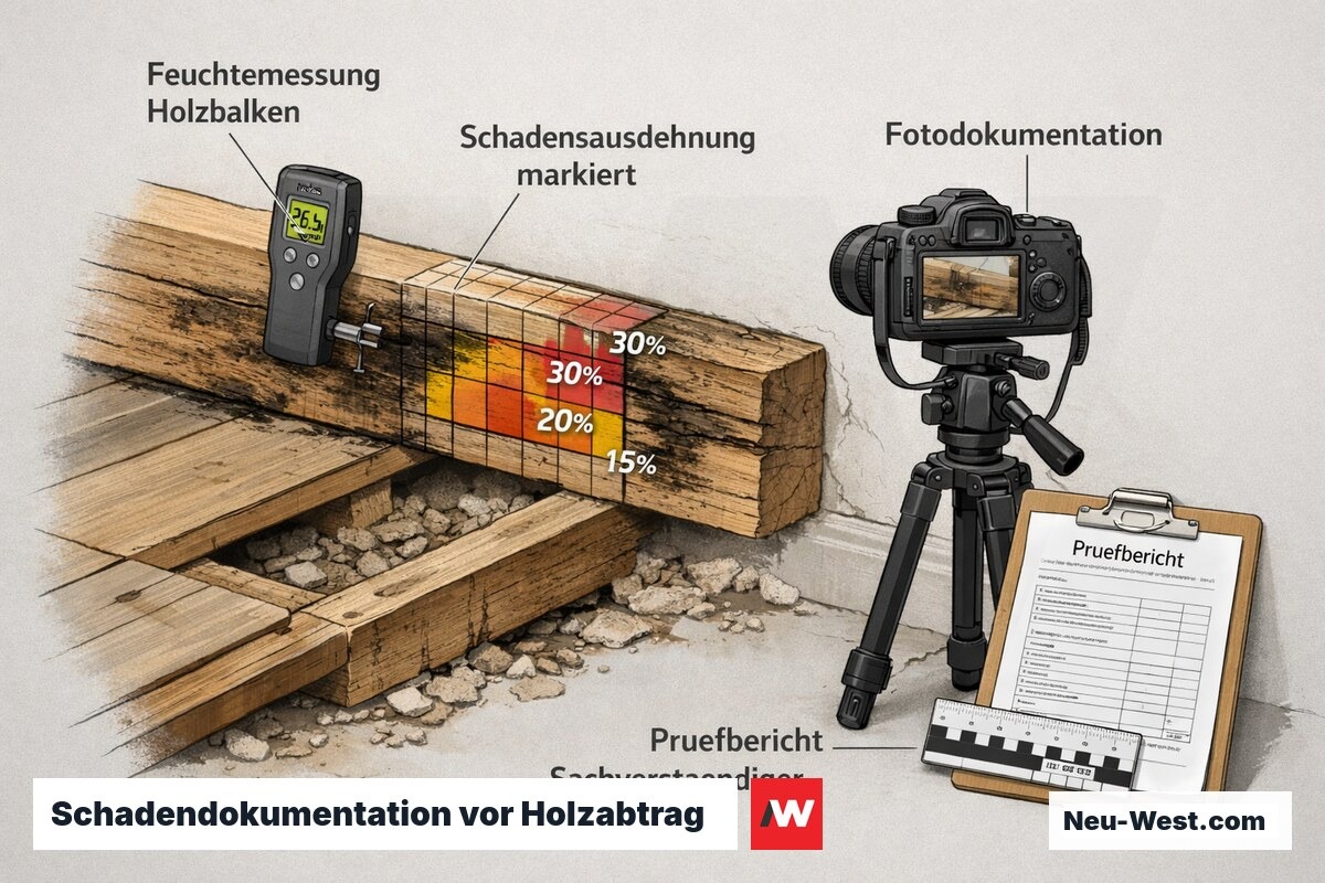 Erklär-Grafik: Feuchtemessung und Fotodokumentation an geschädigtem Holzbalken vor Sanierung, mit Prüfbericht für Versicherung und VOB-Nachweis.