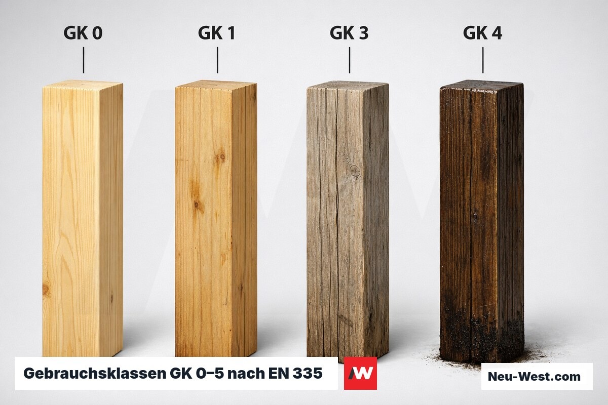 Gebrauchsklassen GK 0–5 nach EN 335: Einbauorte und Schutzpflicht – Erklär-Grafik (NEUWEST Berlin)