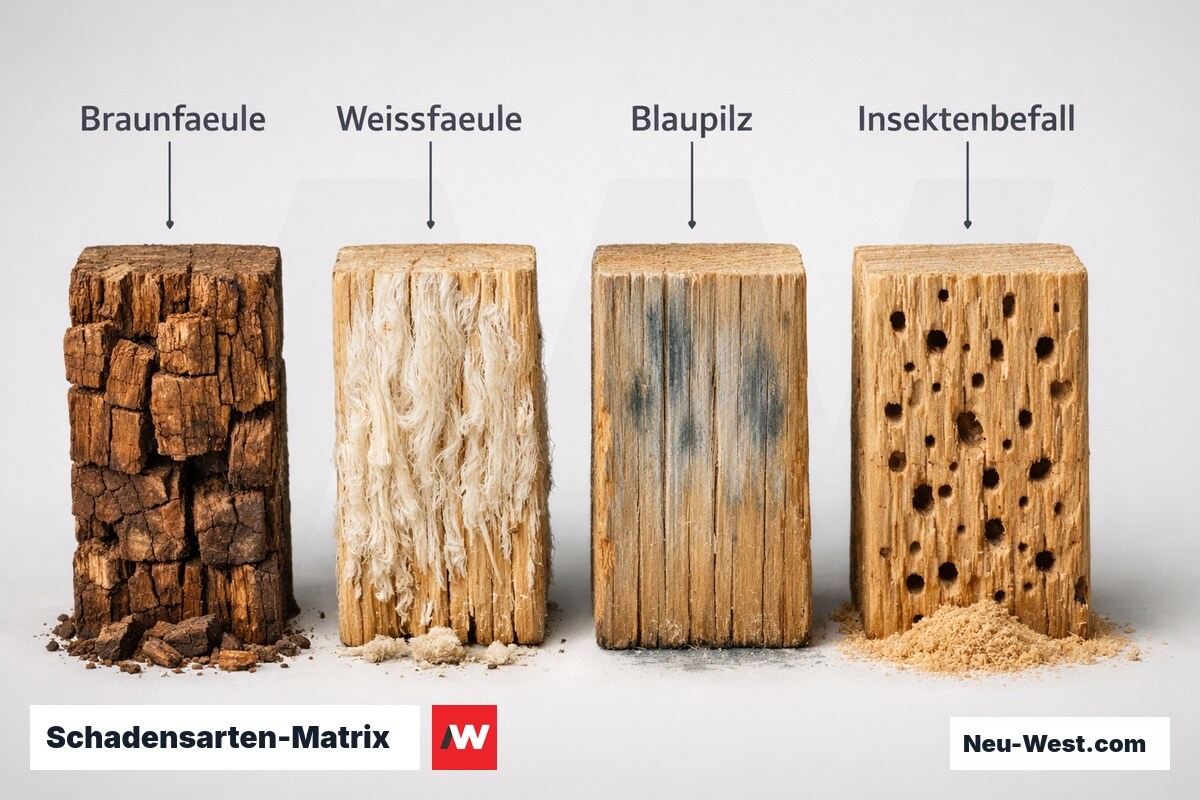 Schadensarten-Matrix: Erkennungsmerkmale und Tragfähigkeitsrelevanz – Erklär-Grafik (NEUWEST Berlin)
