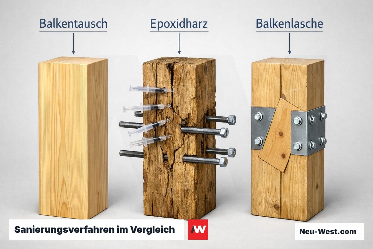 Sanierungsverfahren im Vergleich: Balkentausch / Epoxidharz / Balkenlasche – Erklär-Grafik (NEUWEST Berlin)
