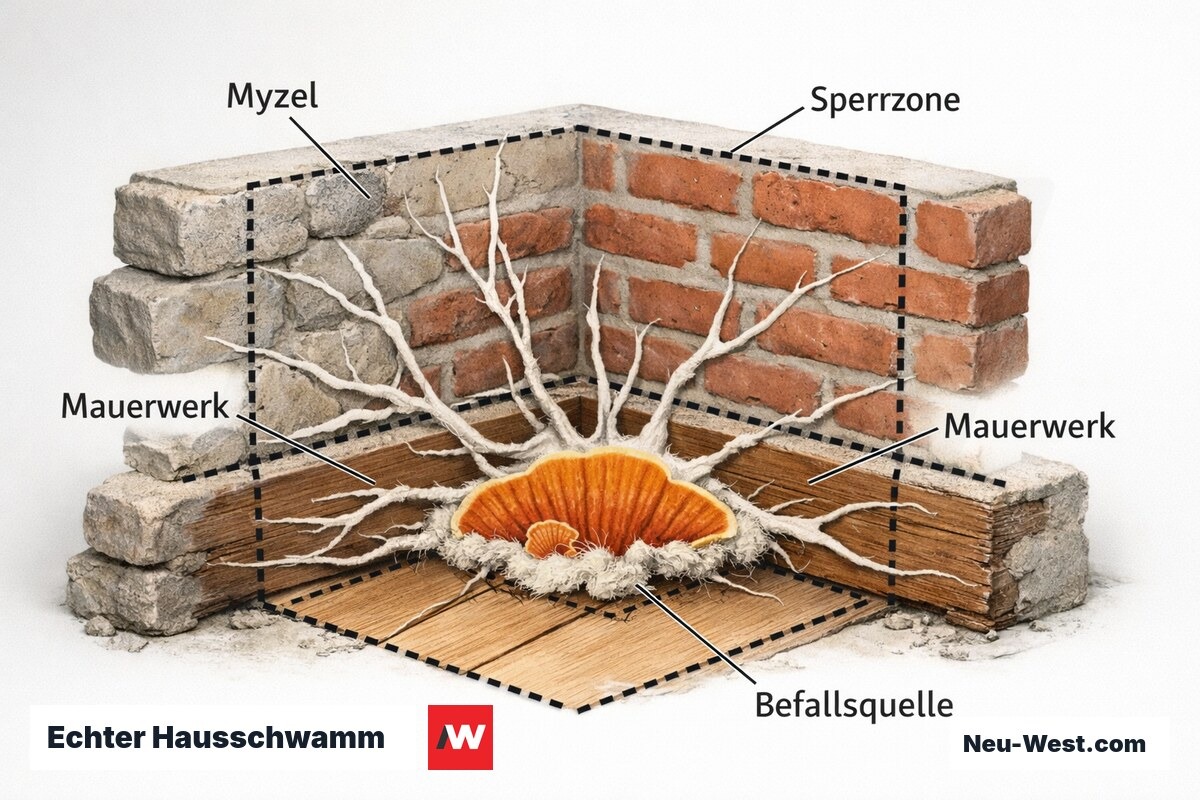 Echter Hausschwamm: Ausbreitungswege und Quarantänezonen – Erklär-Grafik (NEUWEST Berlin)