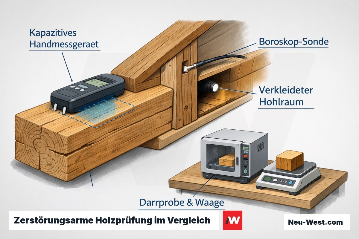 Erklär-Illustration zerstörungsarmer Prüfverfahren an Holzbalken: kapazitives Feuchtemessgerät, Boroskop im Hohlraum und Darrprobe mit Waage.