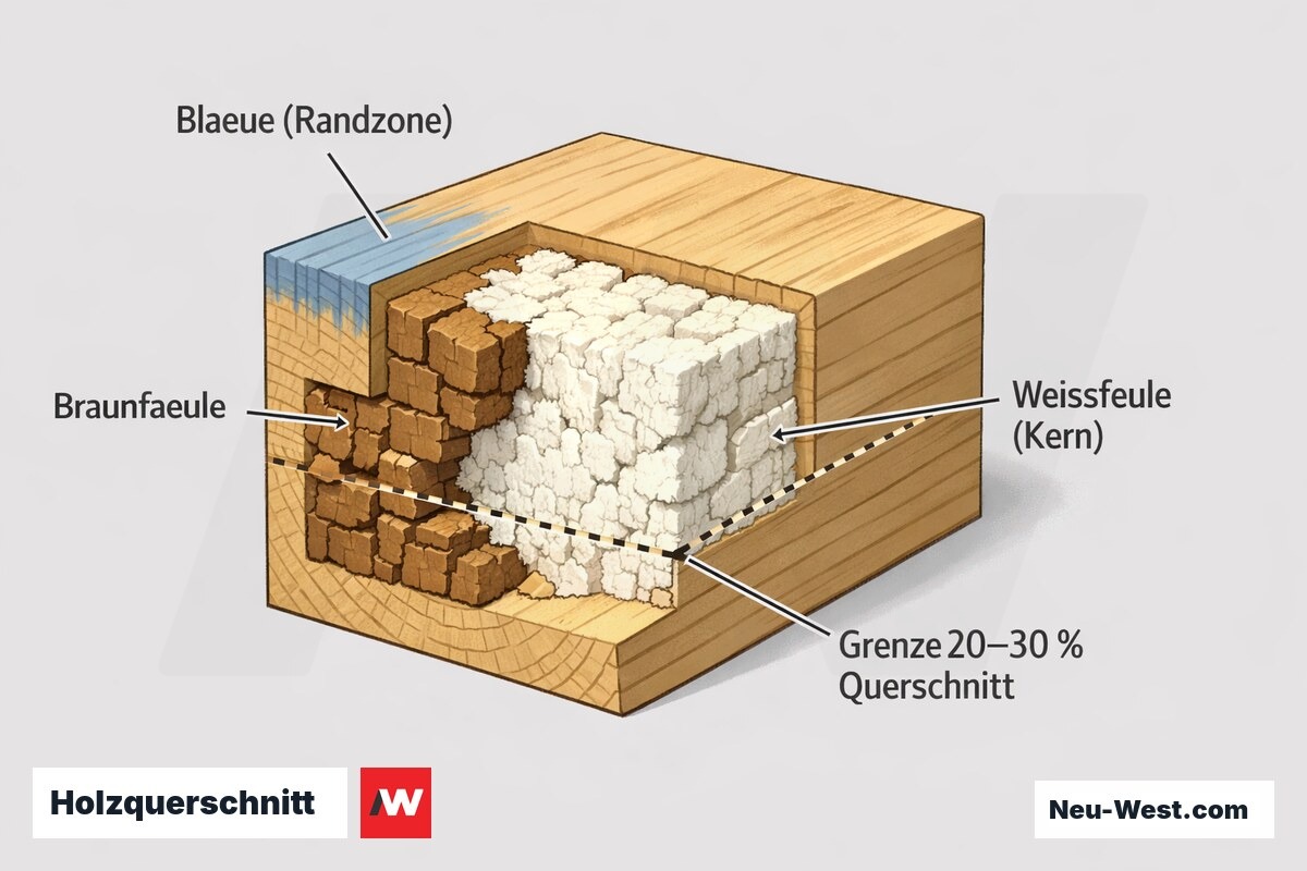 Cutaway-Querschnitt eines Holzbalkens mit Bläue am Rand, Braun- und Weißfäule sowie markierter 20–30 %-Grenze der Tragwerksrelevanz.