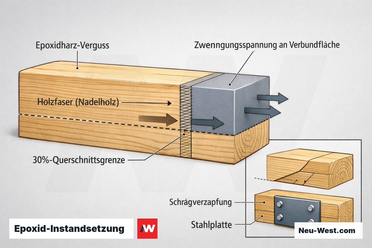 Cutaway-Querschnitt eines Holzbalkens mit Epoxidharz-Verguss, ungleichen Dehnungspfeilen, Spannungszone an der Verbundfläche und 30%-Querschnittsgrenze.