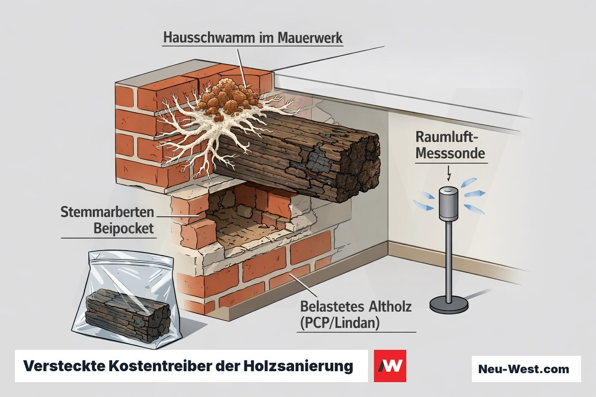 Querschnitt einer Balkenauflage mit Hausschwamm im Mauerwerk, ausgestemmter Balkentasche, belastetem Altholz und Raumluft-Messsonde.