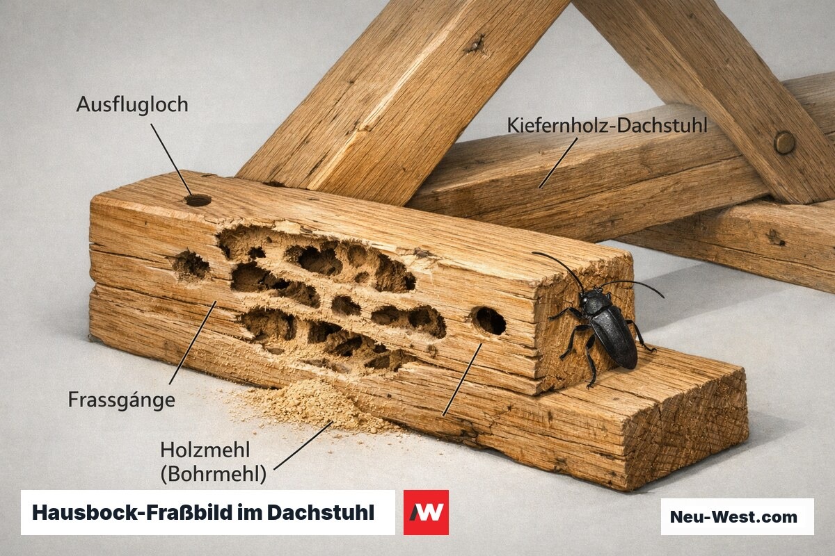 Querschnitt eines Kiefernholzbalkens mit sichtbaren Hausbock-Fraßgängen, Ausfluglöchern und Bohrmehl an der Balkenfläche.