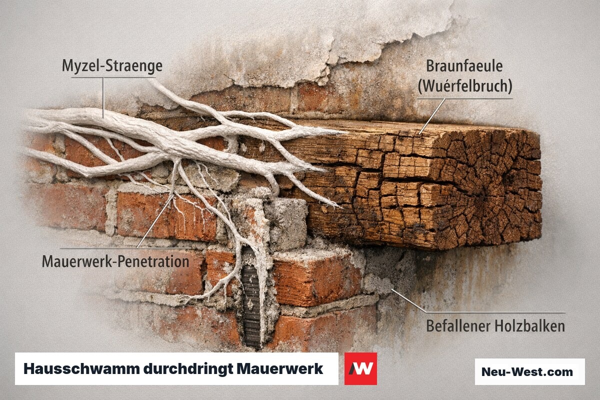 Echter Hausschwamm mit weißen Myzelsträngen wächst durch Ziegelmauerwerk und befällt einen eingemauerten Holzbalken mit Würfelbruchmuster.