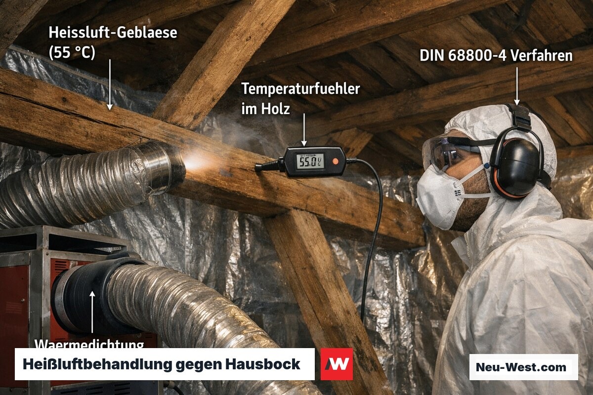 Thermische Bekämpfung von Holzschädlingen im Dachstuhl: Heißluftgebläse erhitzen Kiefernbalken auf 55 °C gemäß DIN 68800-4.