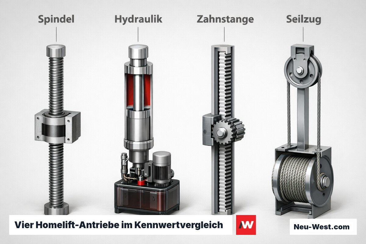 Vier Homelift-Antriebe im Kennwertvergleich: Spindel, Hydraulik, Zahnstange, Seilzug – Erklär-Grafik (NEUWEST Berlin)