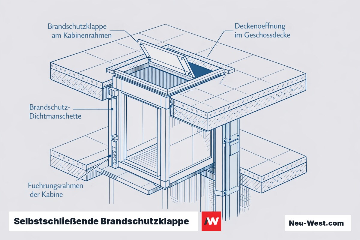 Querschnitt eines schachtlosen Homelifts mit selbstschließender Brandschutzklappe am Kabinenrahmen, die die Deckenöffnung zwischen zwei Geschossen raumabschließend verschließt.