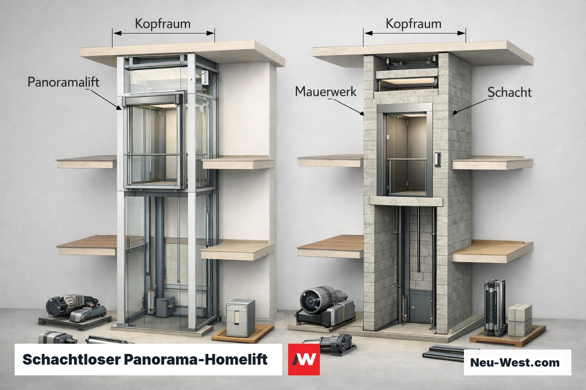 Schachtloser Panorama-Homelift vs. Mauerwerksschacht: Platzbedarf und Kopfraumhöhe – Erklär-Grafik (NEUWEST Berlin)