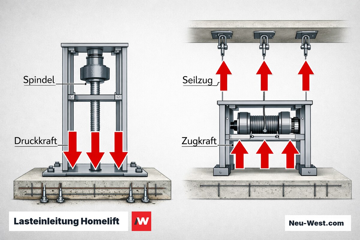 Lasteinleitung Homelift: Druckkraft auf Boden (Spindel/Hydraulik) vs. Zugkraft auf Decke (Seilzug) – Erklär-Grafik (NEUWEST Berlin)