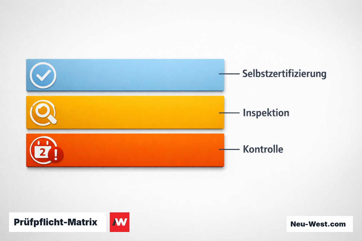 Prüfpflicht-Matrix: CE-Selbstzertifizierung ohne ZÜS vs. ZÜS-Intervallprüfung nach BetrSichV – Erklär-Grafik (NEUWEST Berlin)