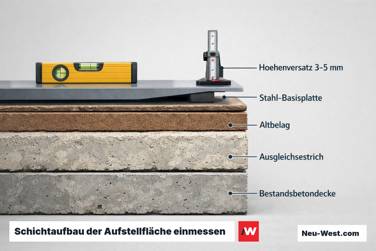 Querschnitt des Bodenaufbaus unter einer Homelift-Bodenplatte mit Betondecke, Ausgleichsestrich, Altbelag und markiertem Höhenversatz von 3–5 mm.