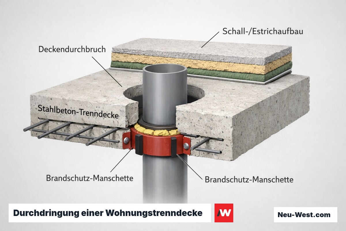 Querschnitt einer Stahlbeton-Wohnungstrenndecke mit Deckendurchbruch, Brandschutz-Manschette und Estrichaufbau in einem Mehrfamilienhaus.
