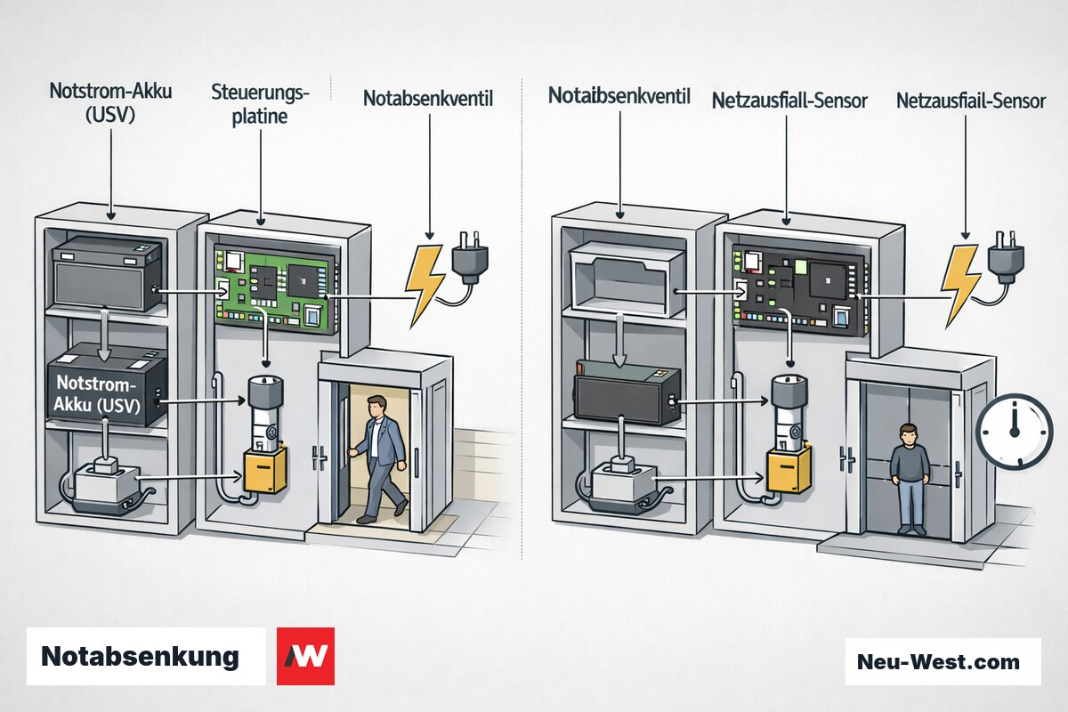 Erklaer-Grafik: Homelift-Steuerung bei Stromausfall — links mit Notstrom-Akku sichere Notabsenkung, rechts ohne Pufferung Kabine steht, Person eingeschlossen.