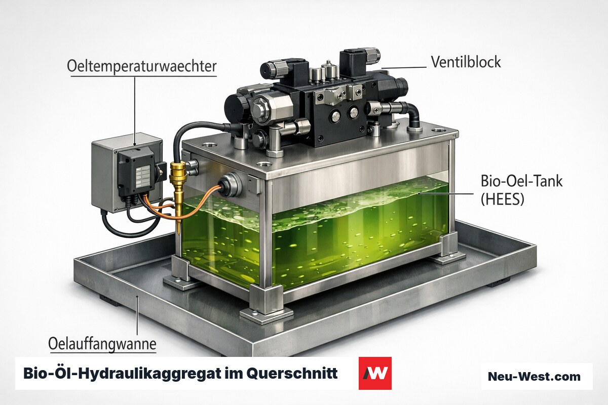 Querschnitt eines Homelift-Hydraulikaggregats mit Bio-Öl-Tank, Öltemperaturwächter, Ventilblock und Ölauffangwanne.