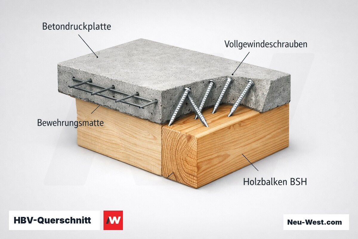 Technischer Querschnitt einer Holz-Beton-Verbunddecke mit Holzbalken, Verbundschrauben und bewehrter Betonplatte, isometrisch