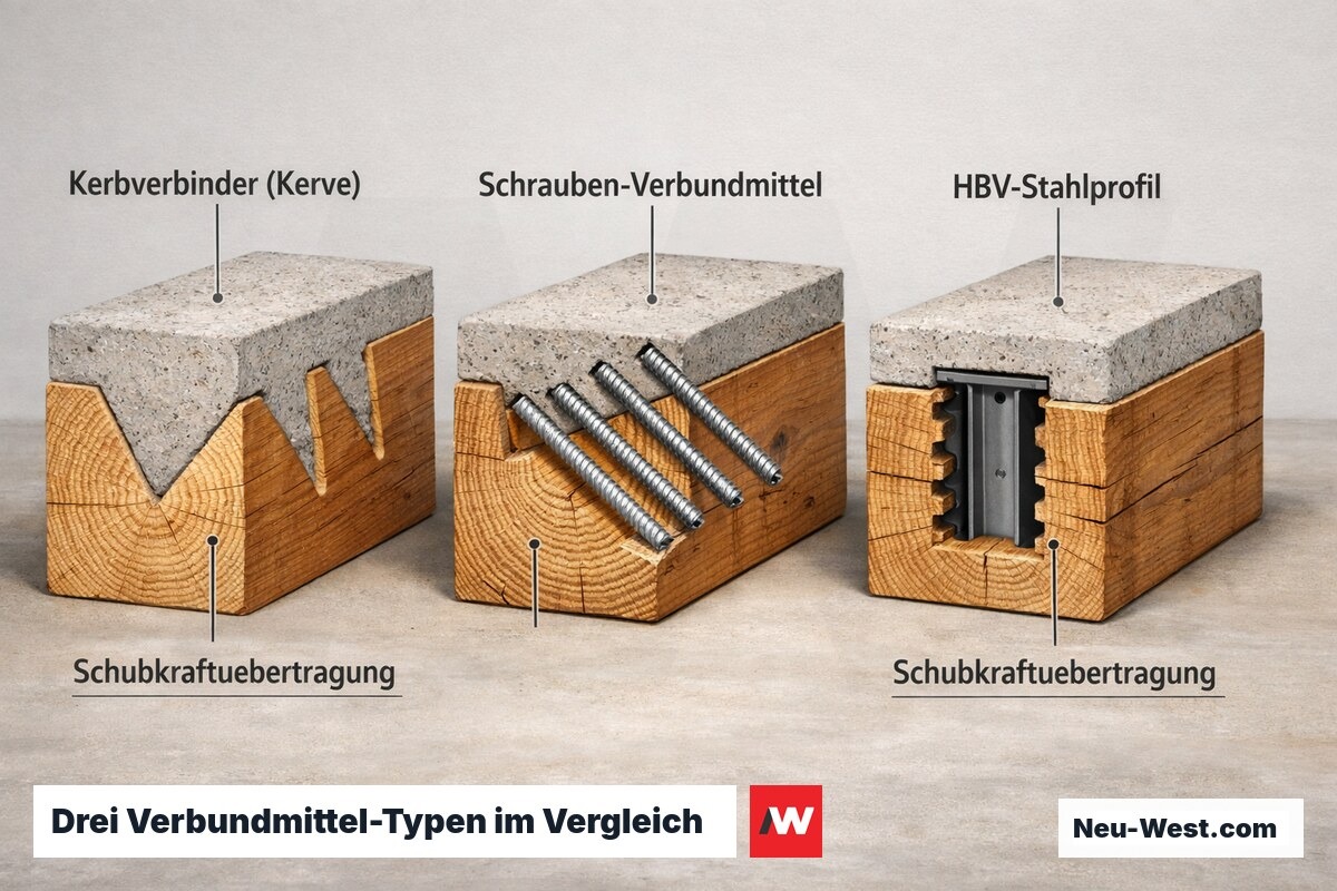 Nebeneinanderstellung drei verschiedener Schubverbindungstypen: Kerbverbinder, Vollgewindeschrauben und Stahlprofile im Schnitt