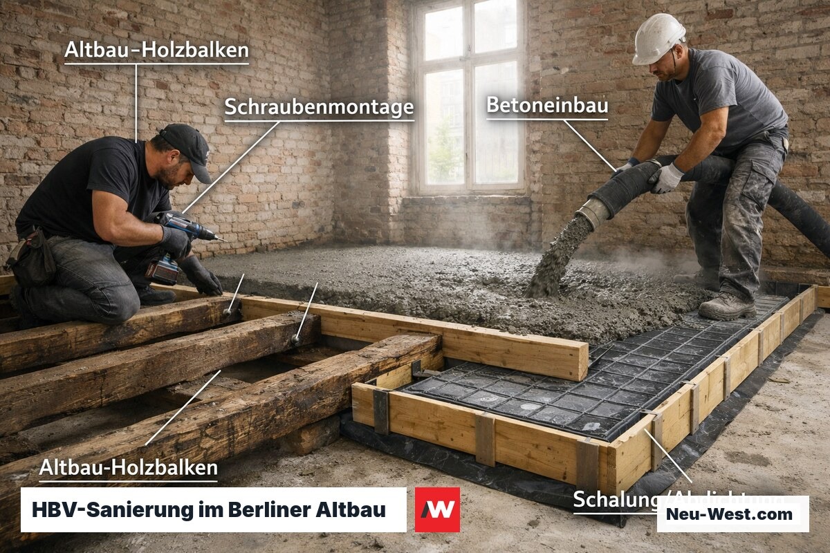 Bauarbeiter montieren Verbundschrauben in Altbau-Holzbalken und gießen Betondruckplatte bei Gründerzeitrenovierung in Berlin