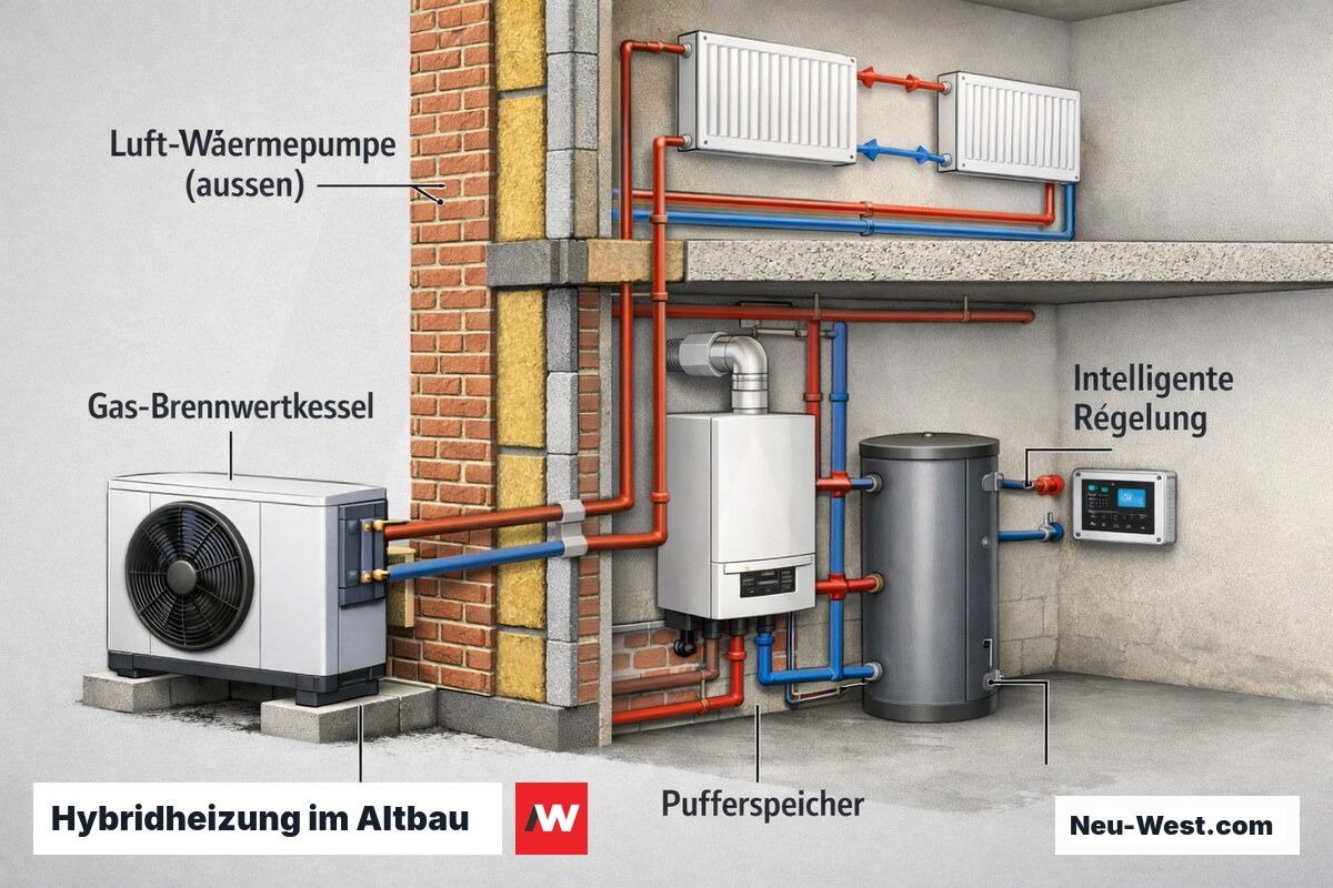 Gebäudeschnitt eines Altbaus mit Luft-Wärmepumpe außen, Gas-Brennwertkessel im Keller und Verteilnetz zu Heizkörpern