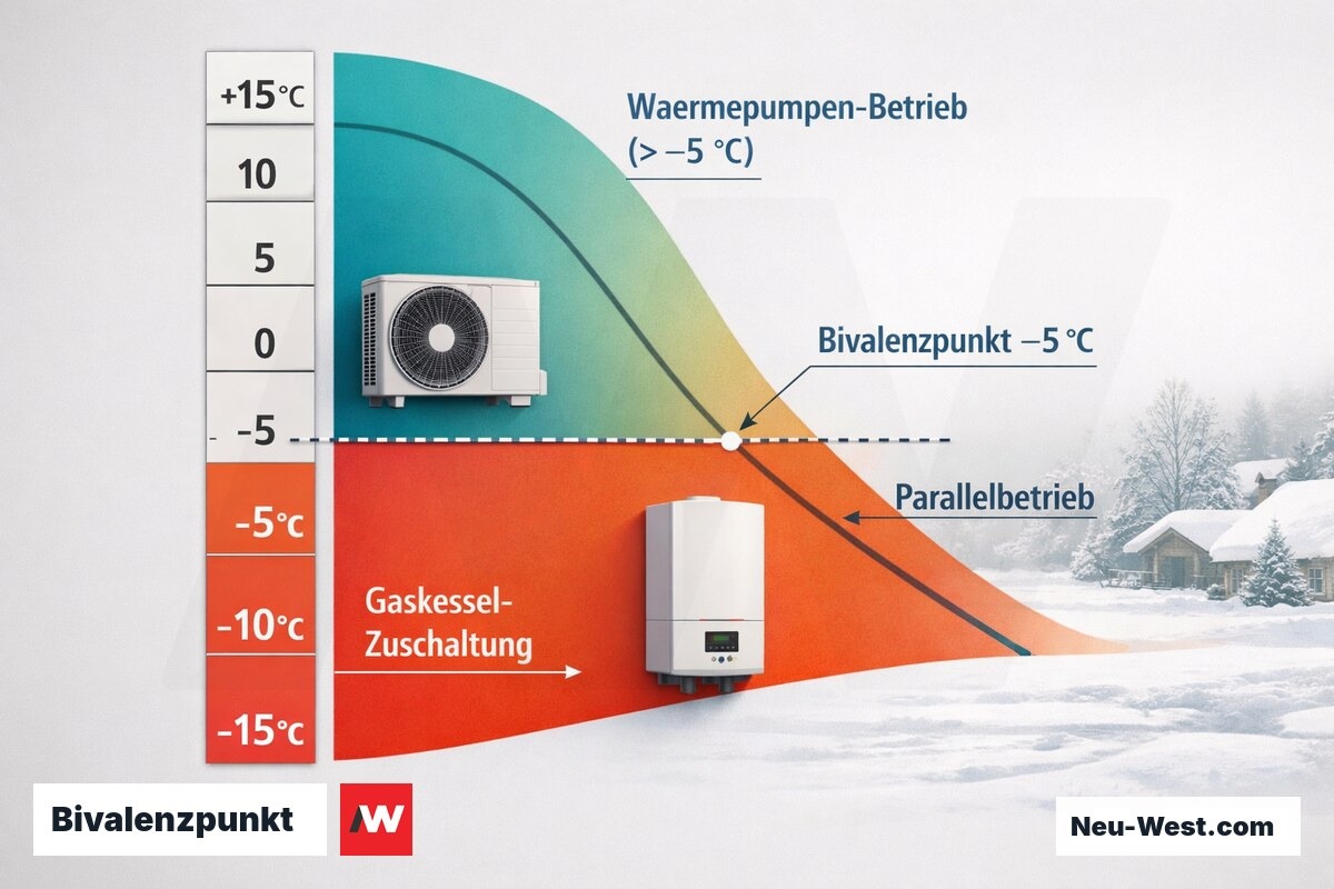Infografik zeigt Außentemperaturskala mit Betriebsbereichen von Wärmepumpe und Gaskessel sowie Bivalenzpunkt bei ca. −5 °C
