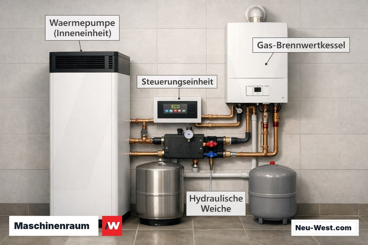 Heizungskeller mit nebeneinander installierter Wärmepumpe und Gasbrennwertkessel, Rohrleitungen, Pufferspeicher und Regelung