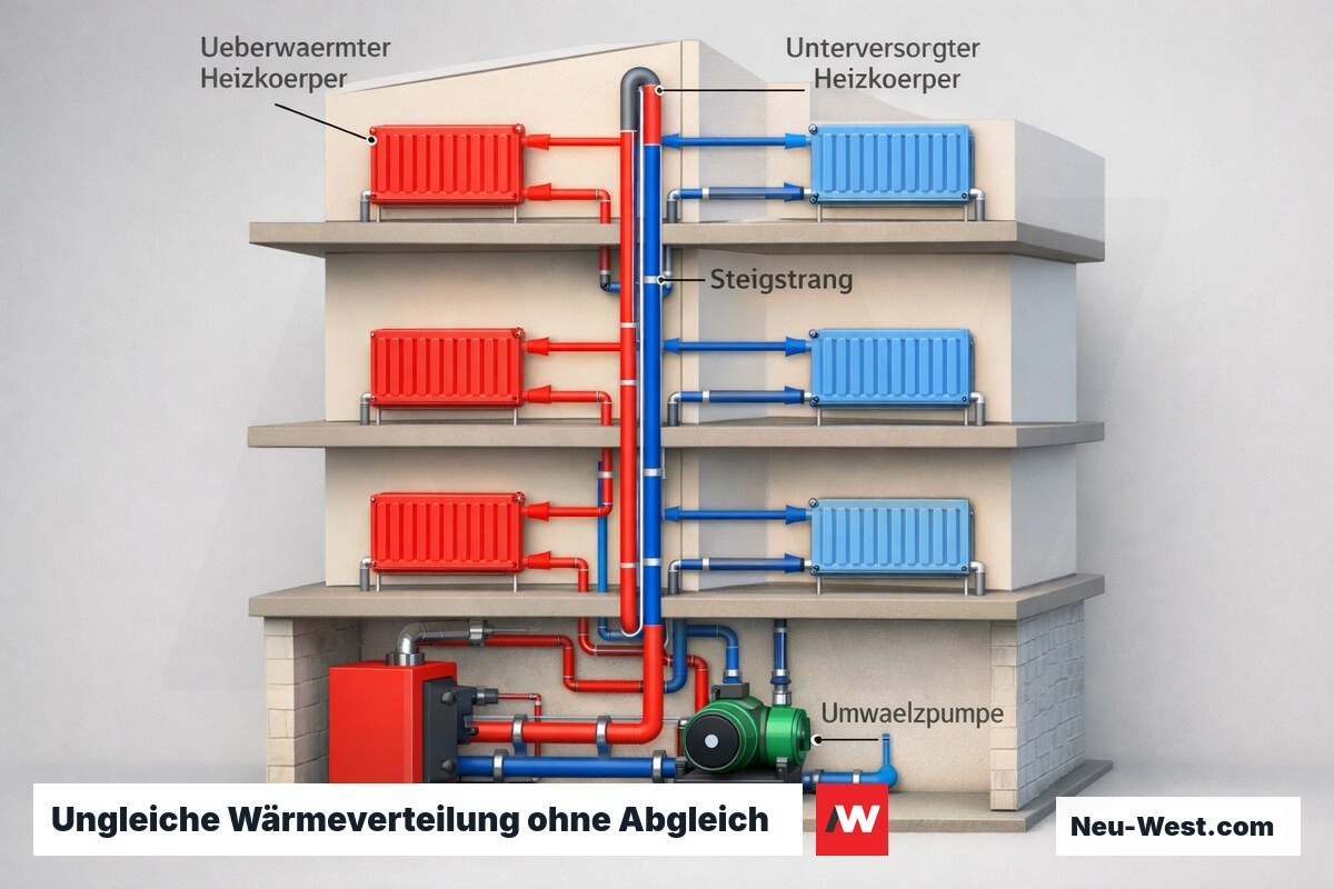 Schnittbild Mehrfamilienhaus: rote Pfeile zeigen überhitzte Heizkörper nahe Pumpe, blaue zeigen kalte Heizkörper am Strangend, max. 150 Zeichen