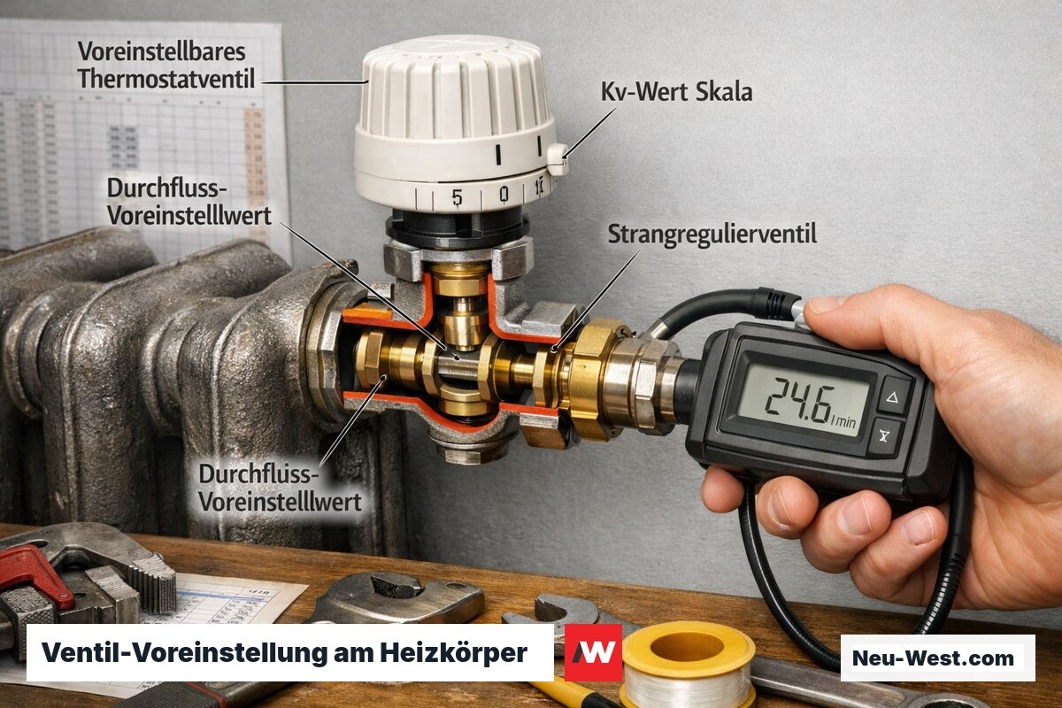 Nahaufnahme voreinstellbares Thermostatventil im Schnitt mit Durchflussbegrenzer, Techniker misst Volumenstrom, Werkstattumgebung