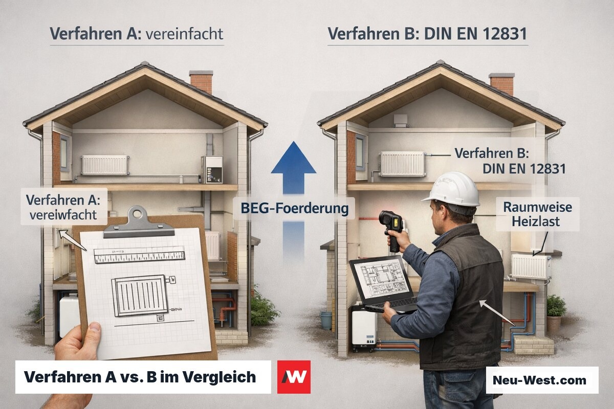 Zwei Einfamilienhäuser nebeneinander: links vereinfachter Abgleich mit Schätzung, rechts raumweise Heizlastberechnung nach DIN EN 12831
