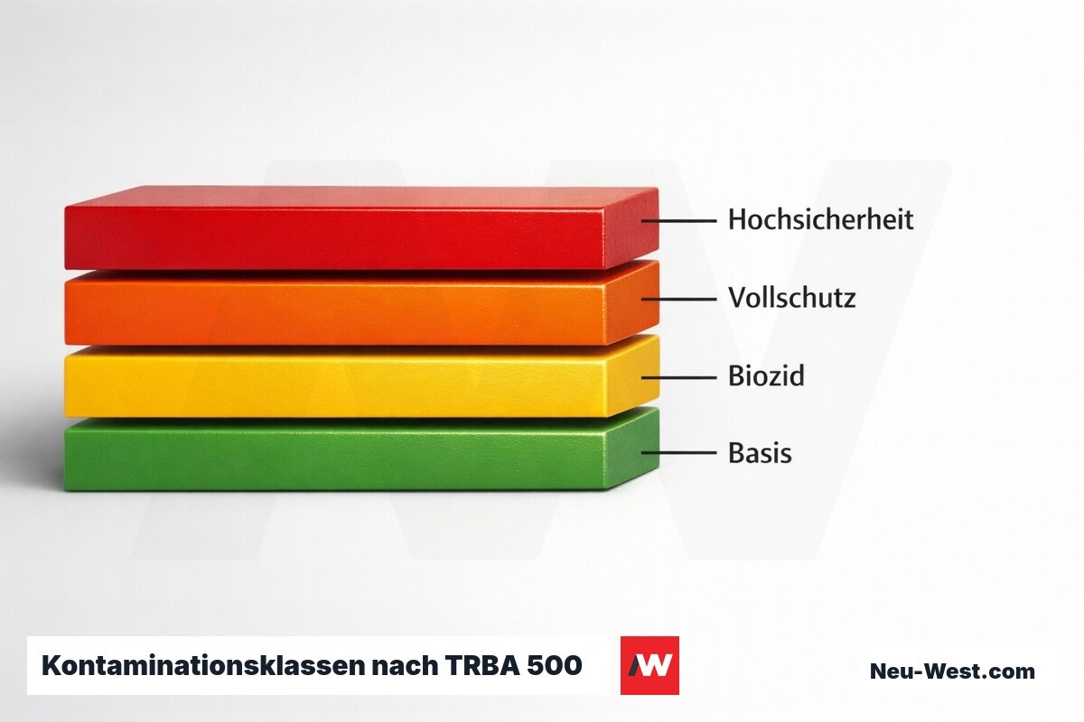 Kontaminationsklassen nach TRBA 500: Schutzstufen 1–4 – Erklär-Grafik (NEUWEST Berlin)