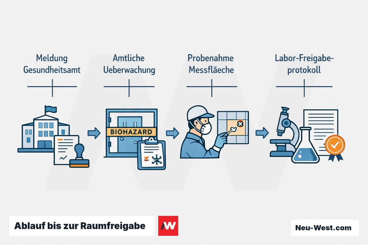 Prozessgrafik der Hygienesanierung: Meldung ans Gesundheitsamt, amtliche Überwachung, Probenahme auf Messflächen und Freigabeprotokoll durch akkreditiertes Labor.