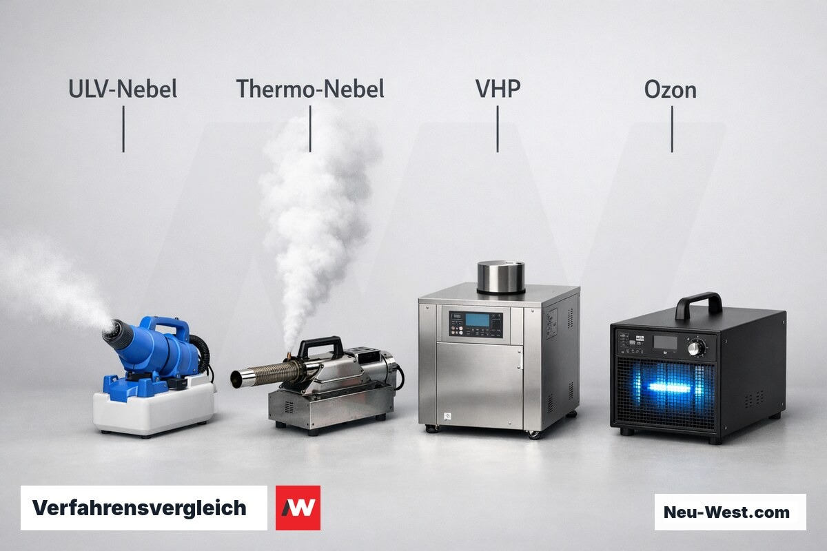Verfahrensvergleich: ULV-Kaltvernebelung, Thermo-Nebel, VHP, Ozon – Erklär-Grafik (NEUWEST Berlin)