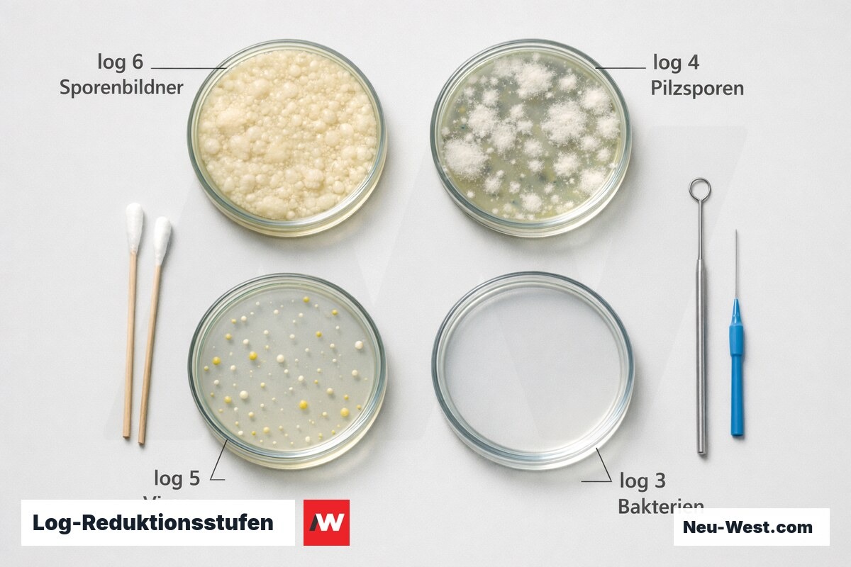 Log-Reduktionsstufen: Erregergruppen und Wirksamkeitsanforderungen – Erklär-Grafik (NEUWEST Berlin)