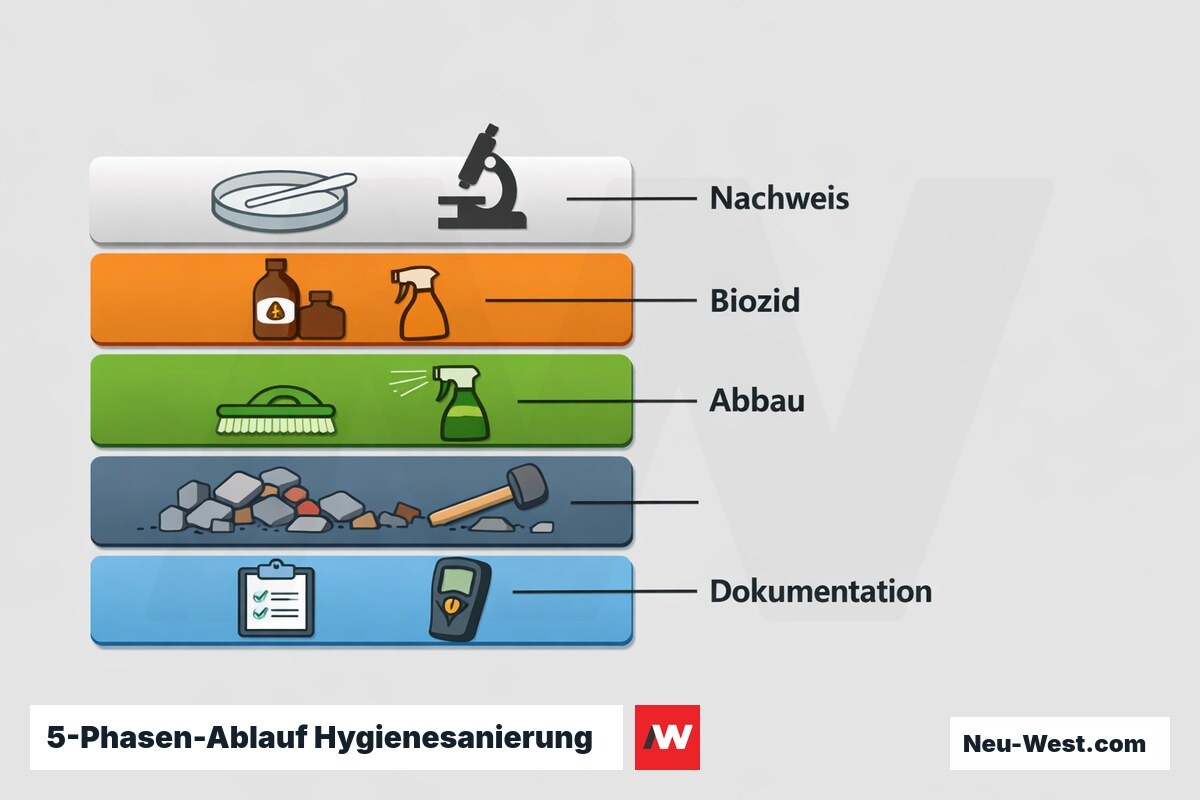 5-Phasen-Ablauf Hygienesanierung nach Abwasserschaden – Erklär-Grafik (NEUWEST Berlin)