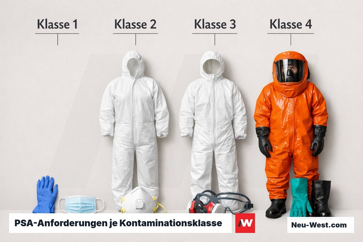 PSA-Anforderungen je Kontaminationsklasse (TRBA 500 / EN 14126) – Erklär-Grafik (NEUWEST Berlin)