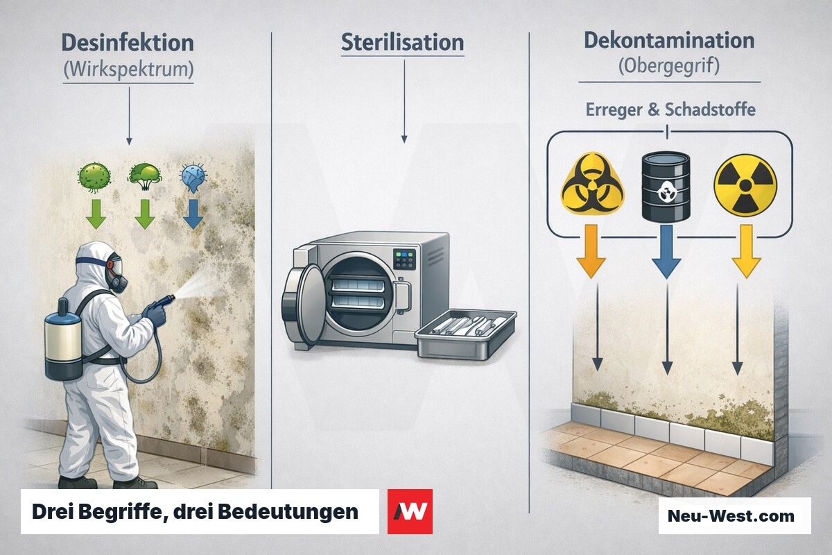 Vergleichsgrafik dreier Panels: Desinfektion mit Wirkspektrum, Sterilisation im Autoklav und Dekontamination als Oberbegriff für biologische, chemische und radiologische Schadstoffe.