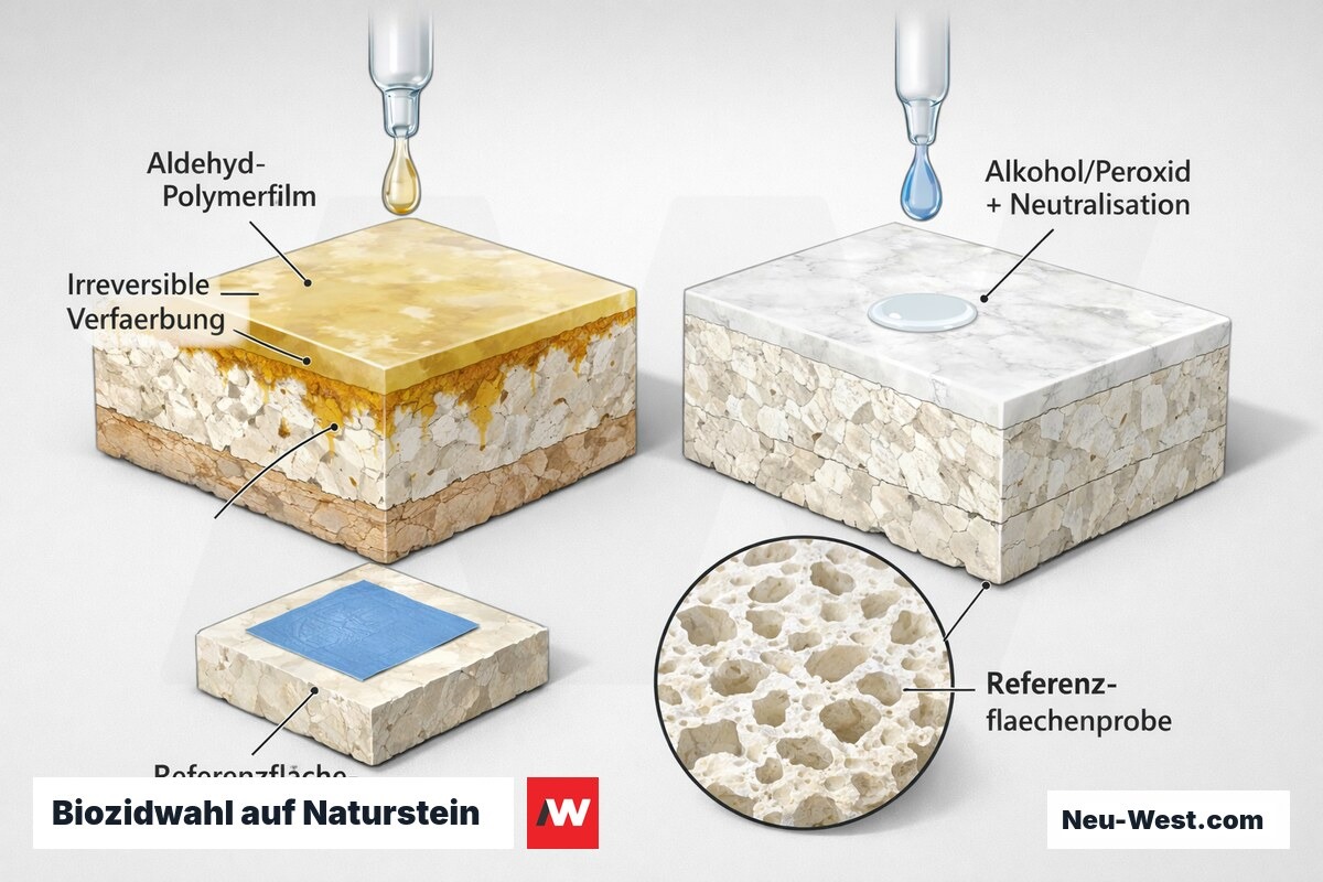Querschnitt einer Marmoroberfläche: links Aldehyd-Polymerfilm mit Verfärbung, rechts schädenfreie Alkohol/Peroxid-Behandlung, vorn Referenzflächenprobe.