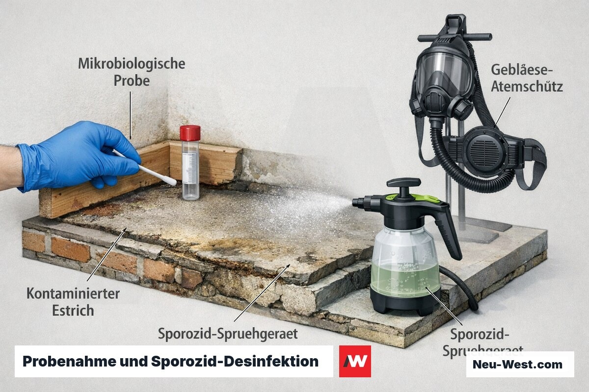 Cutaway eines Kategorie-3-Abwasserschadens: mikrobiologische Probenahme am Estrich, Sporozid-Sprühgerät und druckluftunabhängiger Gebläse-Atemschutz.