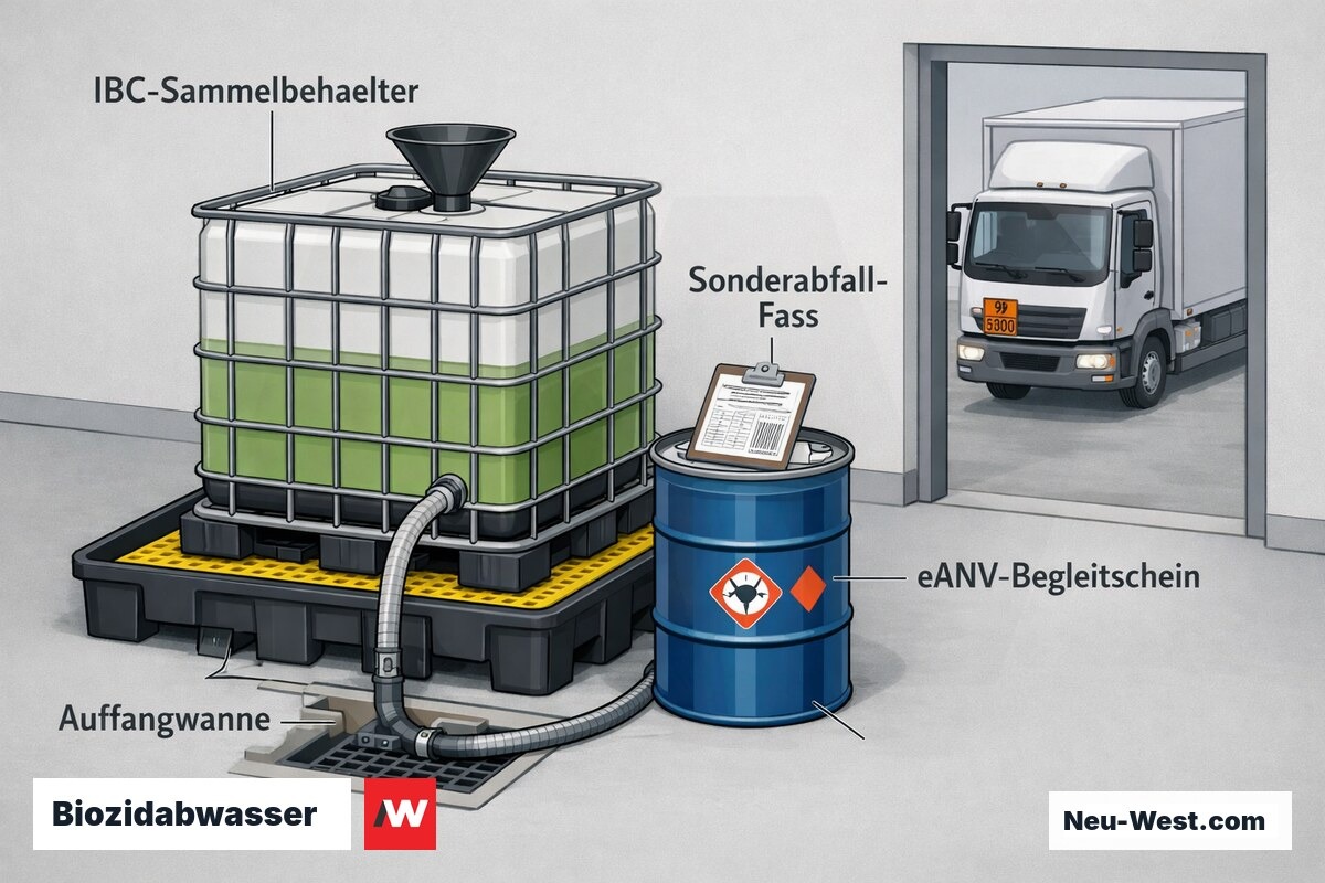 Erklär-Illustration: Sammlung von Biozidabwasser in IBC-Behälter auf Auffangwanne, Sonderabfall-Fass mit eANV-Begleitschein und Entsorgungsfahrzeug.