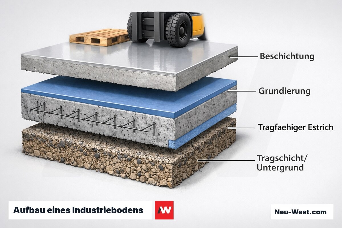 Querschnitt eines Industriebodens mit Untergrund, tragfähigem Estrich, Grundierung und widerstandsfähiger Beschichtung unter Fahrzeugbelastung