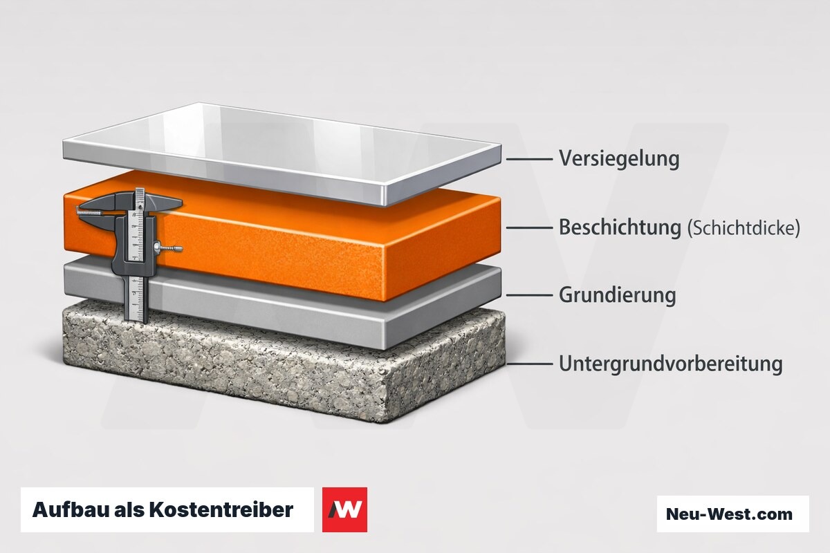 Schichtaufbau einer Bodenbeschichtung mit Untergrundvorbereitung, Grundierung, Beschichtung mit Schichtdicke und Versiegelung als Kostenfaktoren