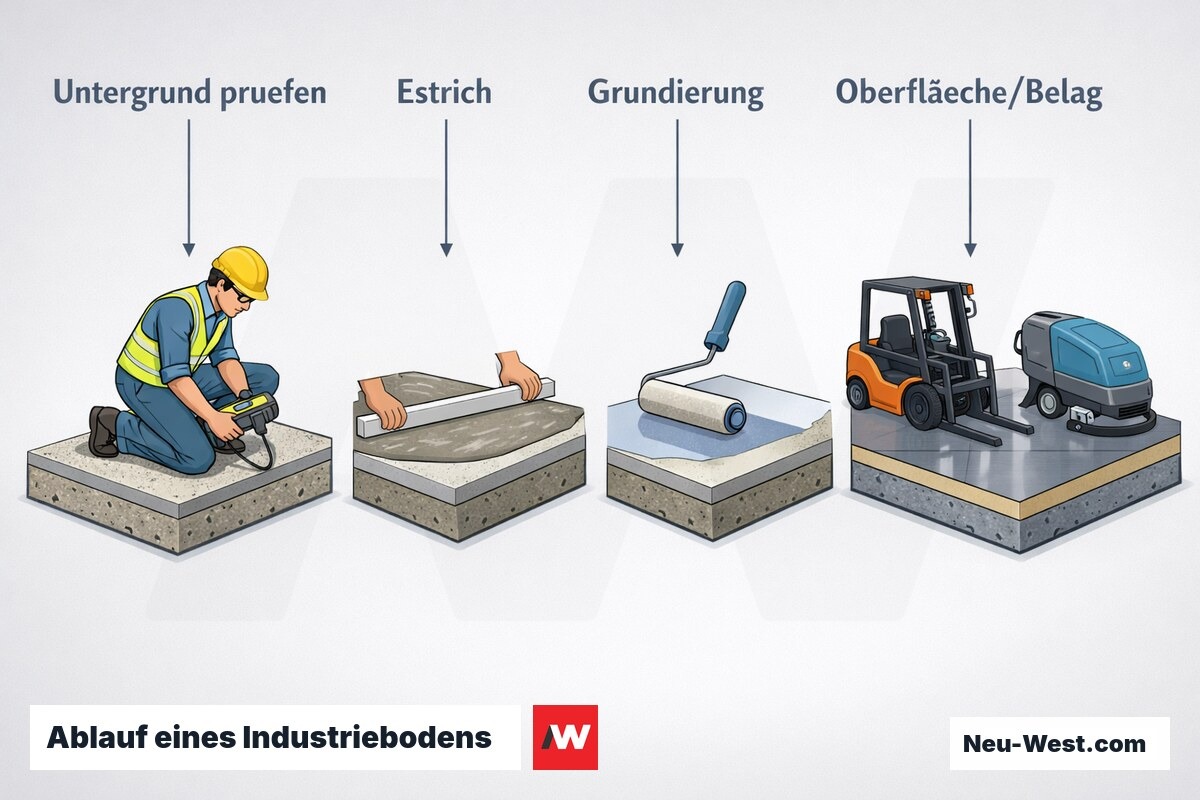 Prozessgrafik: vom geprüften Untergrund über Estrich und Grundierung bis zur belastbaren Oberfläche eines Industriebodens in vier Schritten.