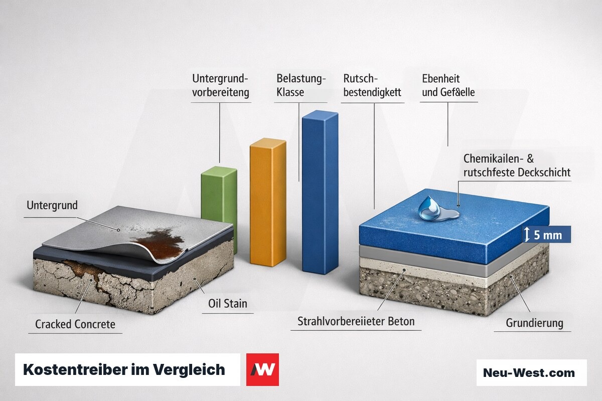 Vergleichende Illustration zweier Bodenangebote mit Kostentreibern wie Untergrundvorbereitung, Belastungsklasse, Rutschbeständigkeit und Ebenheit.