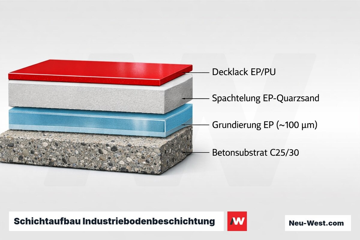 Schichtaufbau Industriebodenbeschichtung: Aufbau von unten nach oben – Erklär-Grafik (NEUWEST Berlin)