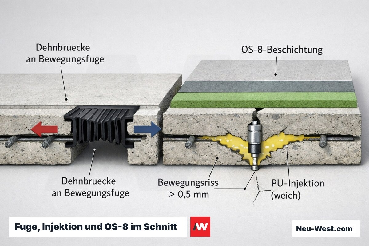 Querschnitt eines Parkdecks: Dehnbrücke an der Bewegungsfuge, weiche PU-Injektion eines Bewegungsrisses und darüberliegender OS-8-Beschichtungsaufbau.